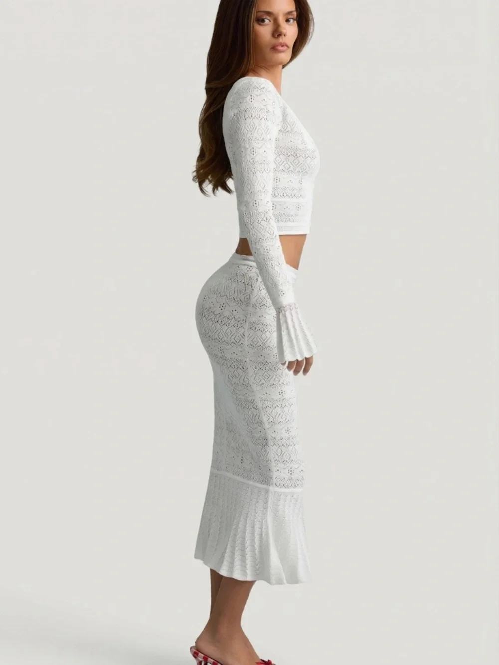 Oh Polly Ruffle-Trim Pointelle-Knit Midaxi Skirt in White Size SS